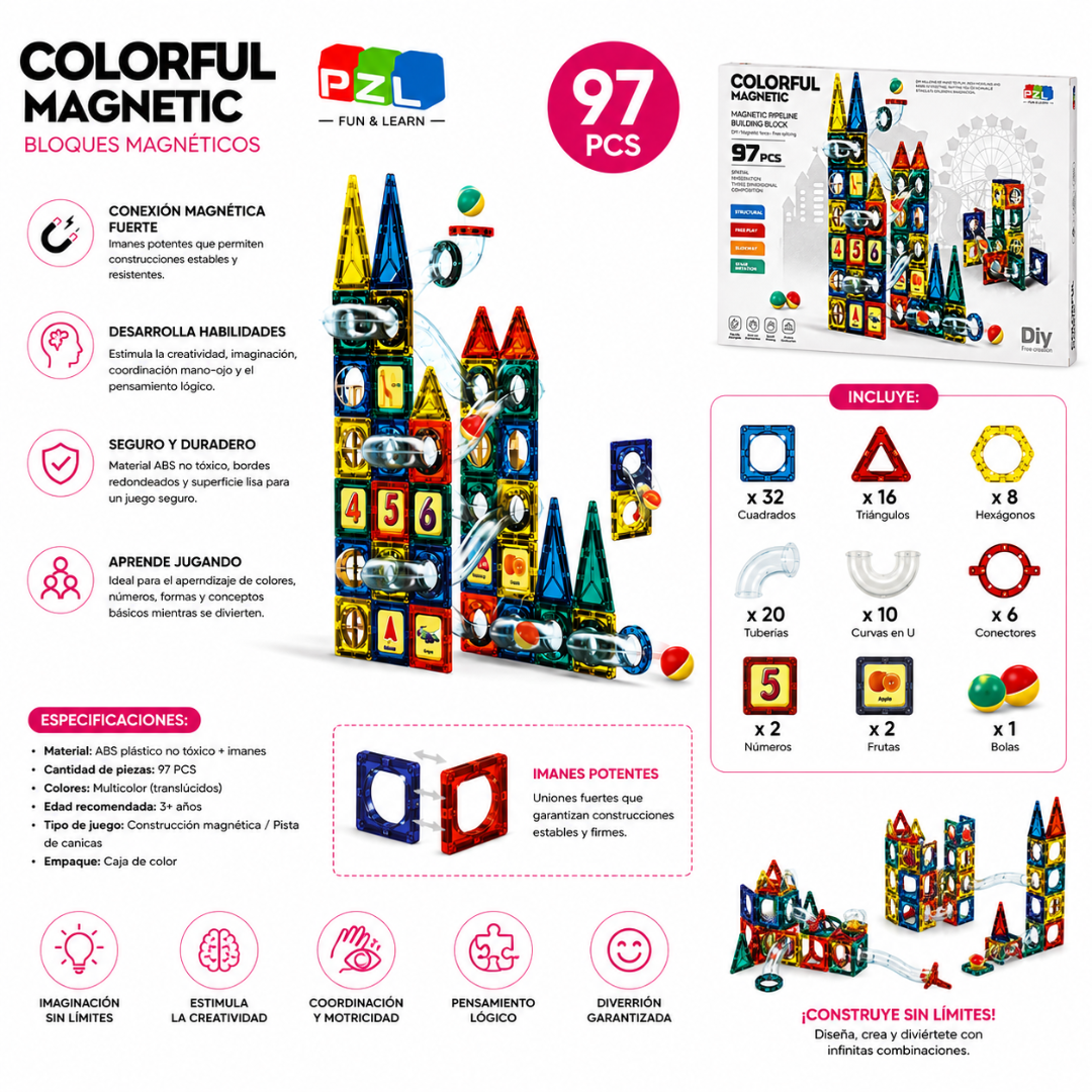 🧲 Set de Bloques Magnéticos con Pista de Canicas 97 Piezas - Juguete Educativo STEM 🧩