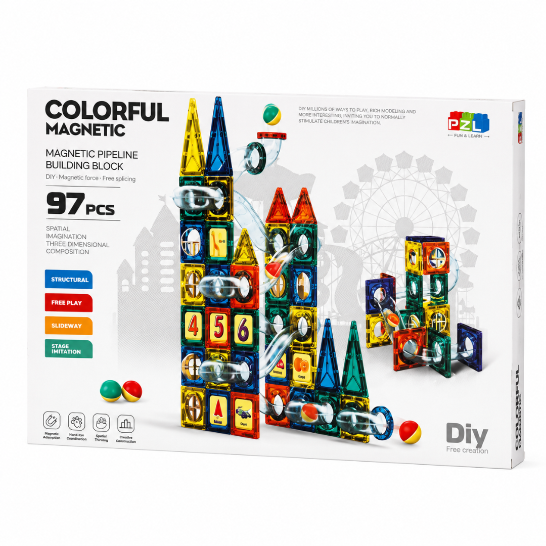 🧲 Set de Bloques Magnéticos con Pista de Canicas 97 Piezas - Juguete Educativo STEM 🧩