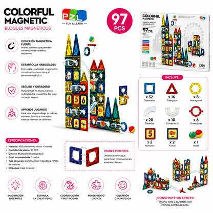 🧲 Set de Bloques Magnéticos con Pista de Canicas 97 Piezas - Juguete Educativo STEM 🧩
